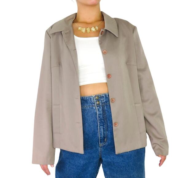 Topy 1990s VIntage Taupe Tan Blazer Jacket Neutral Oversized Large - Picture 1 of 7